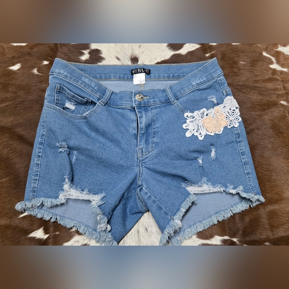 VENUS Light Blue Denim Shorts with Lace Accent